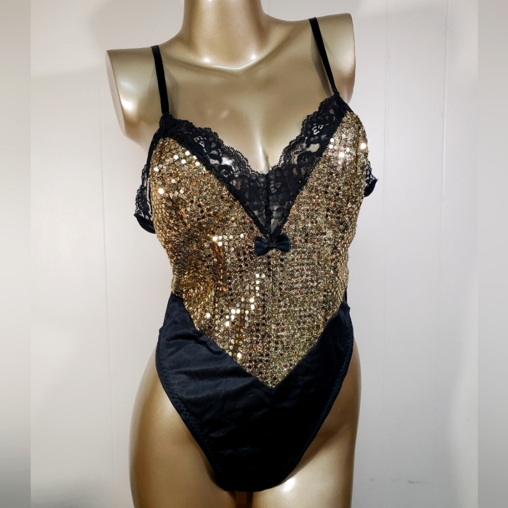 Vintage gold sequin black lace teddy lingerie